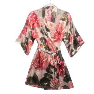 Lilac & London Floral Satin Wrap Robe Lace Trim Quiet Luxury Sleepwear XS
